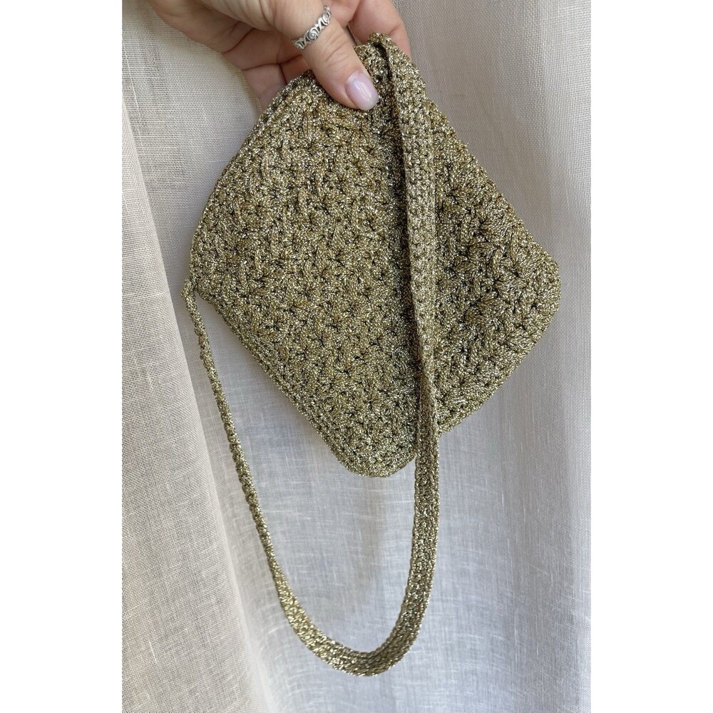 Vintage 1960s Magid Italy Crochet Satin Evening Clutch Gold Woven Handle Bag - Picture 3 of 13